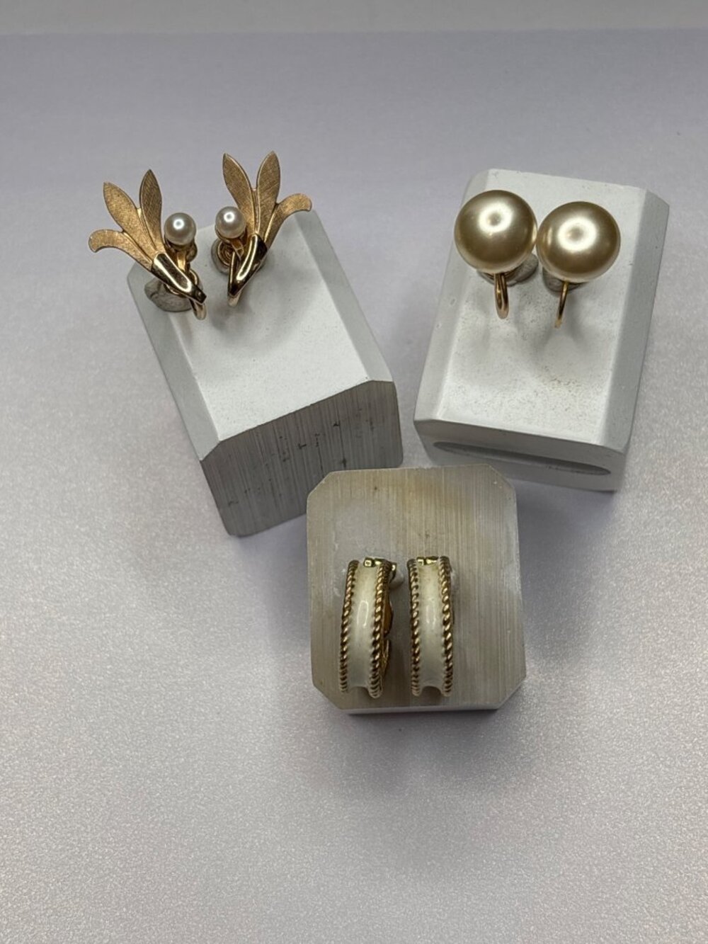 Vintage Mimi Di N 1983 White Enamel Hoops, GF Van Dell Floral, GF Faux Pearl Scr